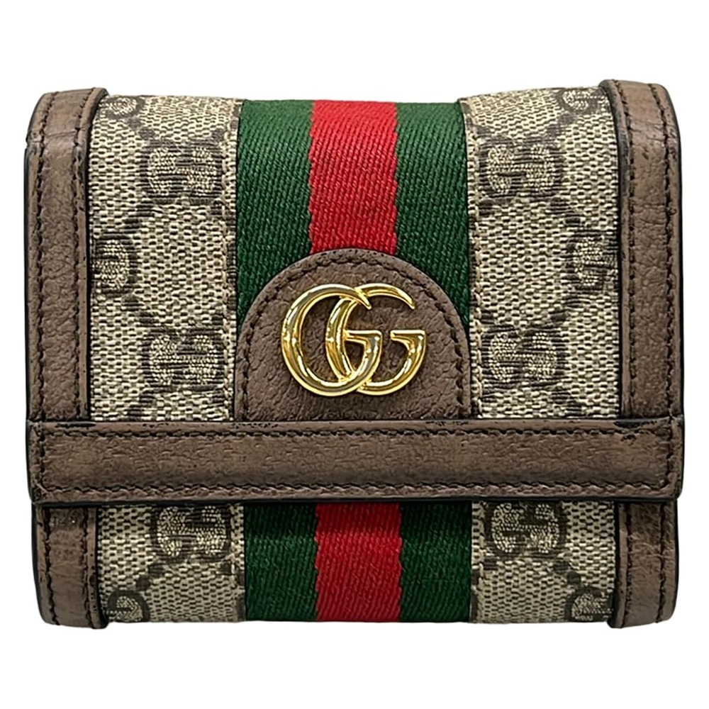 Gucci Ophidia Trifold Wallet 523174 Dark Brown Beige Multi PVC Leather Cotton